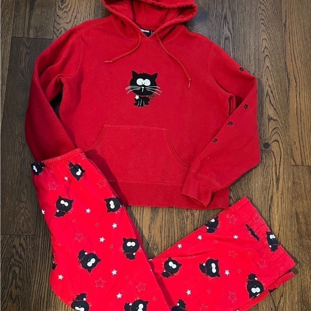 Rare vintage Aeropostale black cat hoodie and pajama pant pj set bundle y2k